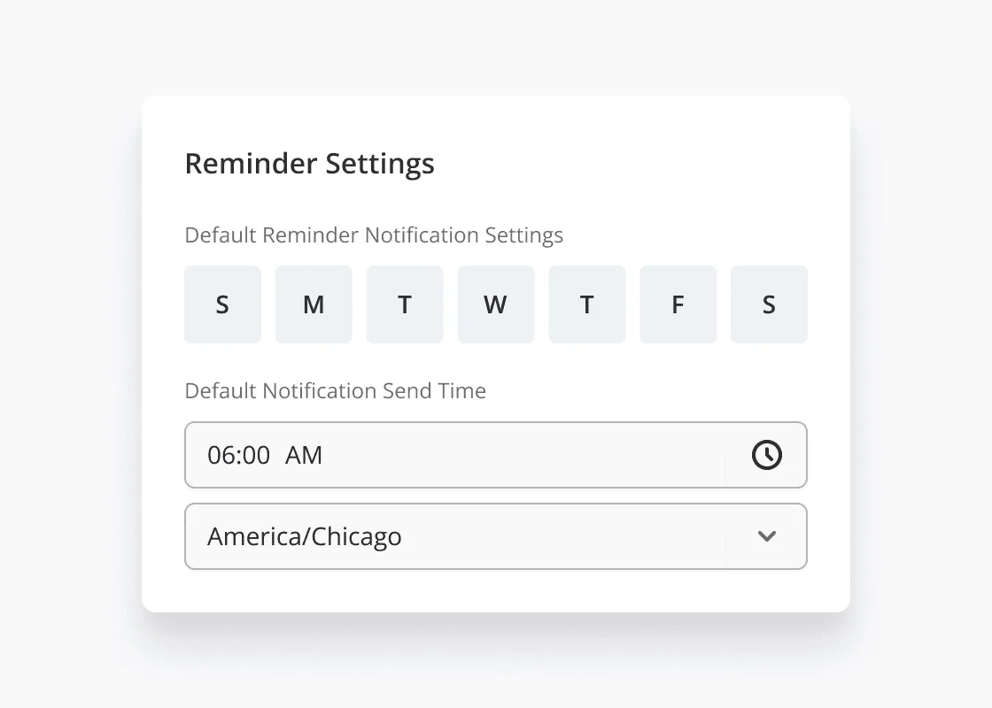 Reminder scheduling interface showing custom days and times for each approver